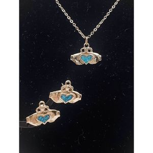 Silver-tone and Turquoise Praying Hands Necklace/Earring Set - 16"